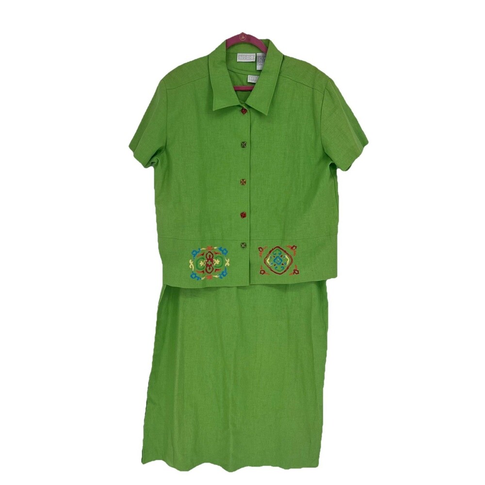 Vintage Studio C Plus Lime Green Sz 18 2-Piece Linen Blend Jacket Midi Dress Set